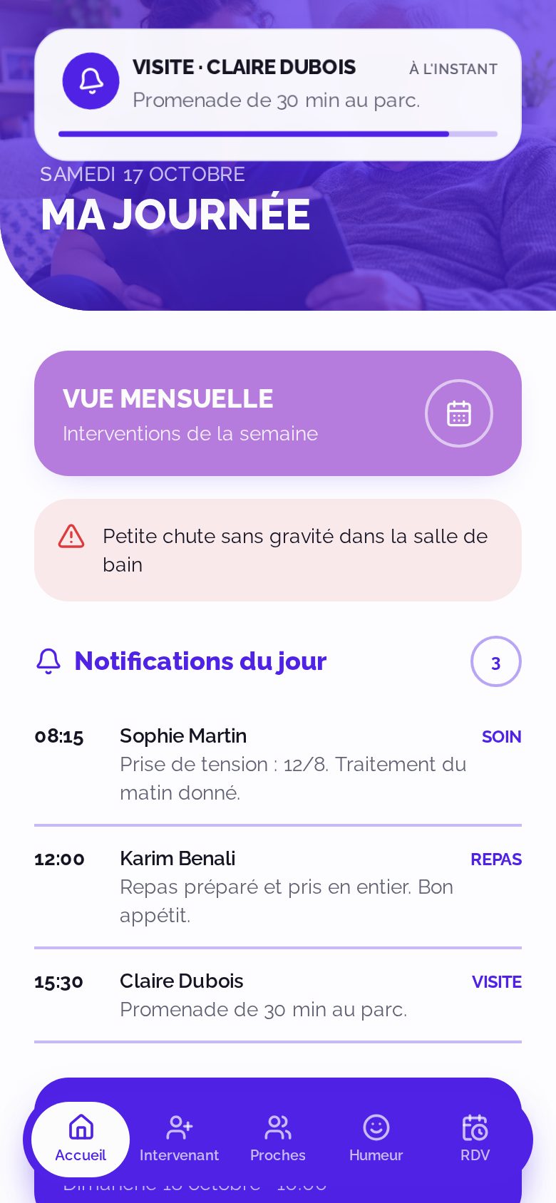 Écran Ma journée : notifications des passages de l'infirmière, du repas et d'une visite