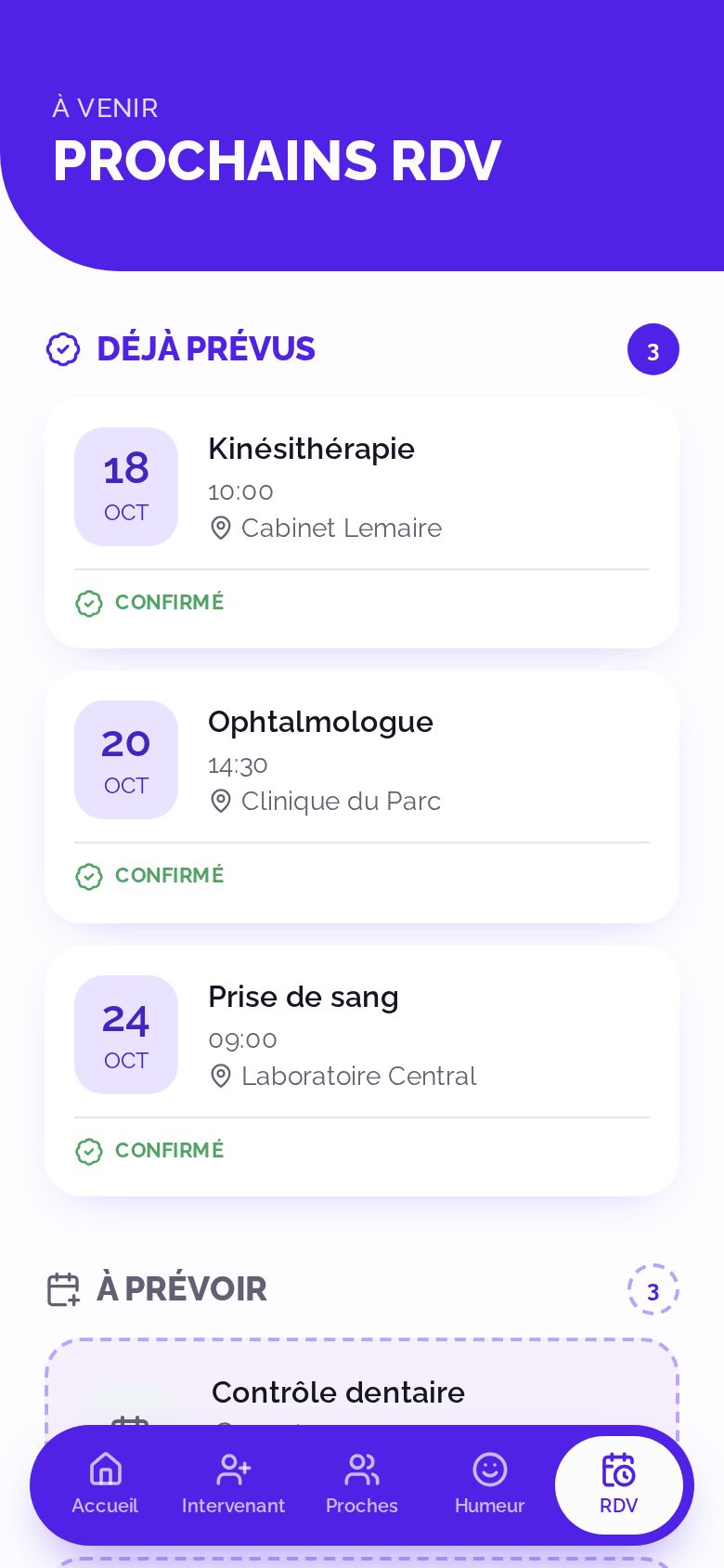 Écran Prochains rendez-vous : kiné, ophtalmologue, prise de sang